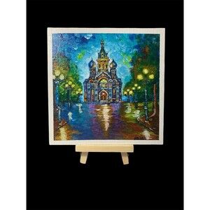 Colorful Church Art on Canvas Board (6x6) - Easel Included!